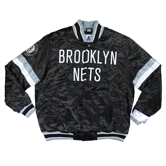 スターター メンズ ジャケット \"Brooklyn Nets\" Starter Men's Brooklyn Nets Starter Black Home Game Satin Full-Snap